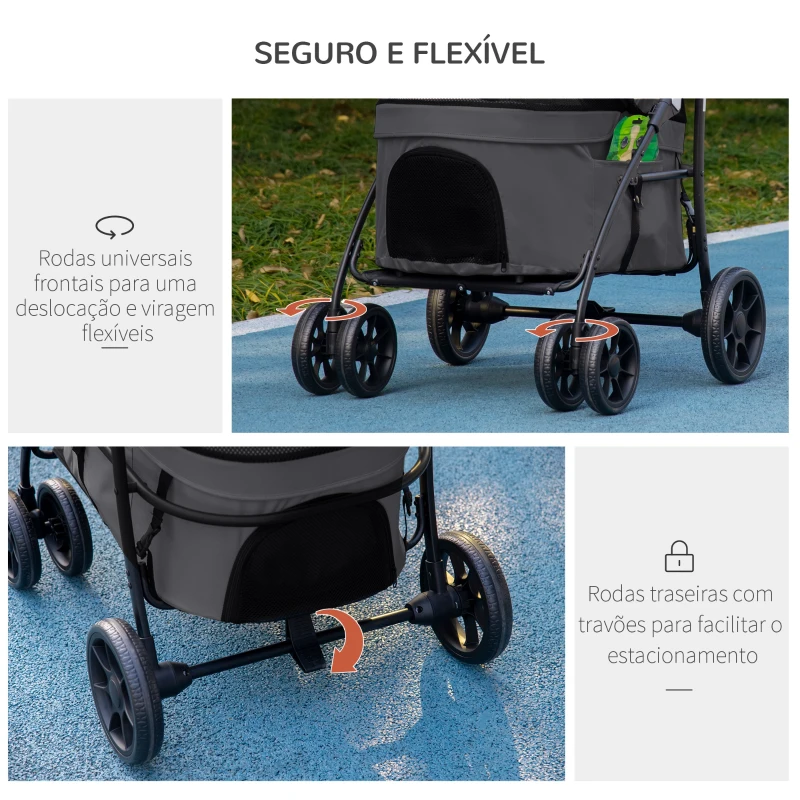 PawHut Carrinho para Animais de Estimação 2 em 1 Dobrável com Almofadado e Estrutura de Aço 81x68x98,5 cm Cinza Escuro