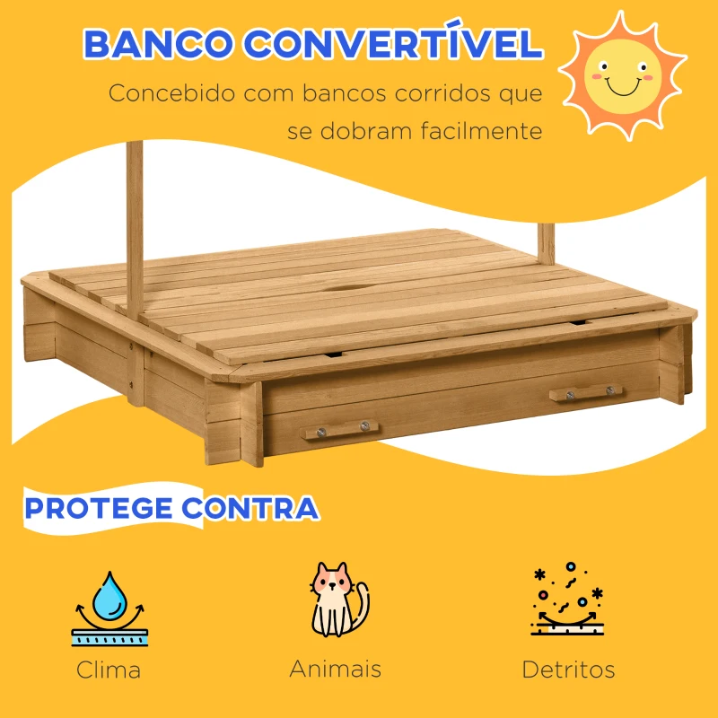 Outsunny Caixa de Areia para Crianças de Madeira com Toldo Ajustável em Altura 2 Bancos e Encostos para Jardim 106x106x121 cm Natural