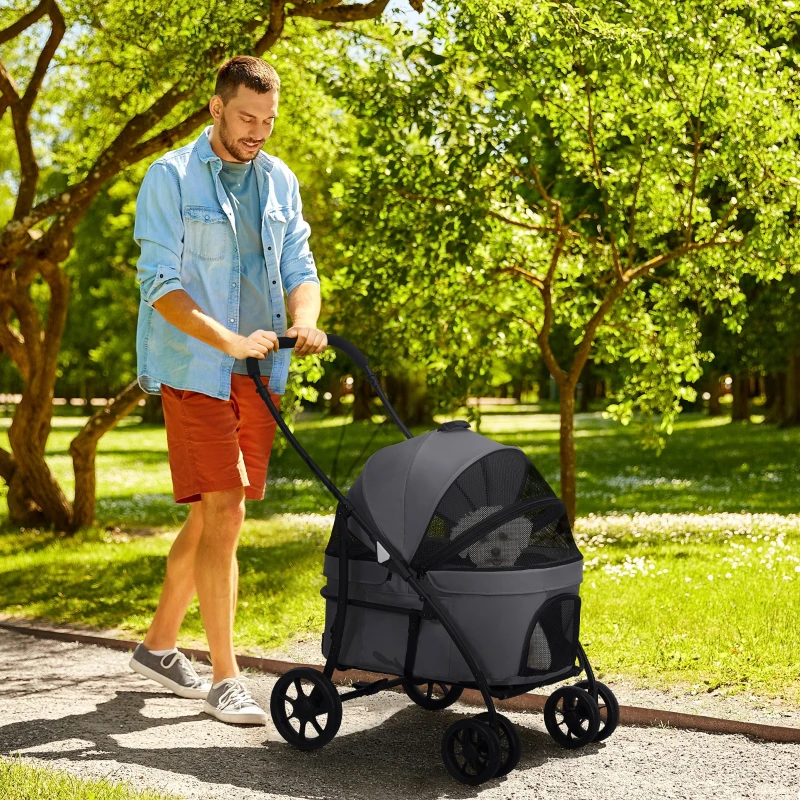 PawHut Carrinho para Animais de Estimação 2 em 1 Dobrável com Almofadado e Estrutura de Aço 81x68x98,5 cm Cinza Escuro
