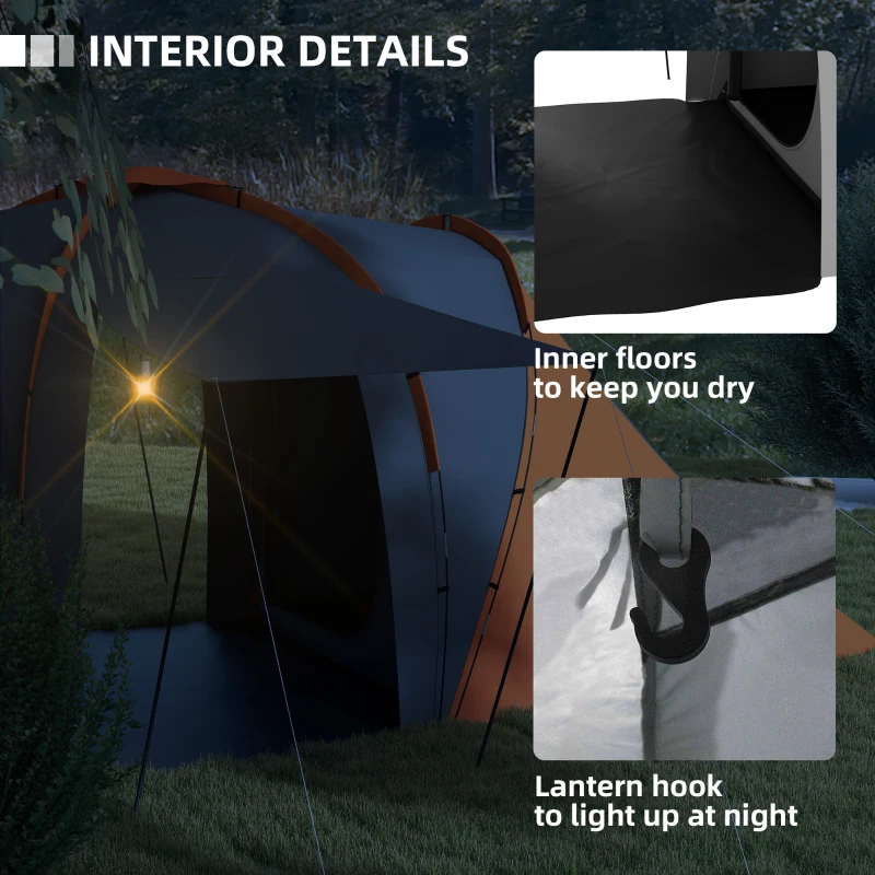 Outsunny Large Camping Tent Tunnel Tent with 2 Bedroom and Living Area, 2000mm Waterproof, Portable with Bag for 4-6 Man, Orange