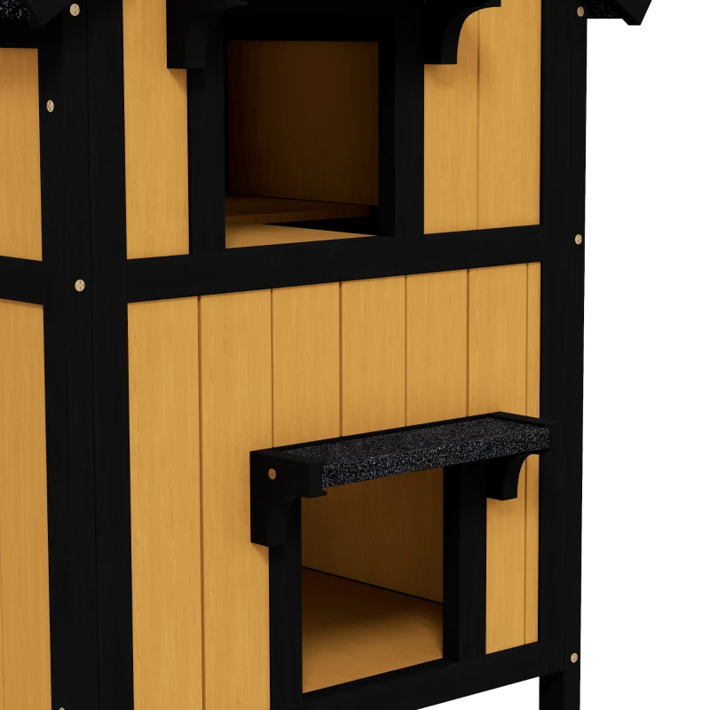 PawHut Kattenhuis Kattenhut Kattenhol, inclusief bloembak, 96 cm x 65 cm x 85,5 cm, Geel + Wit + Zwart(m-8)