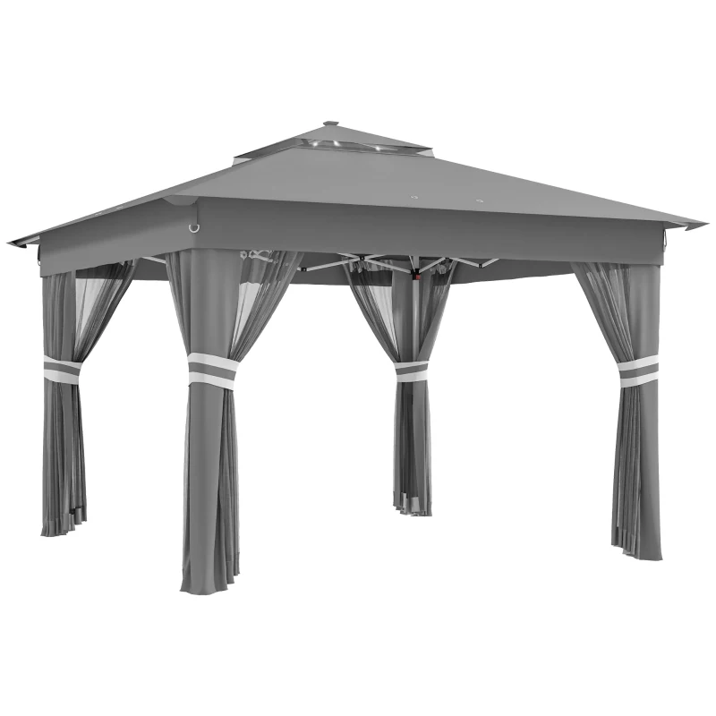 Outsunny Tuinpaviljoen met zonnepanelen LED's Tuinpaviljoen met verlichting, 336 cm x 336 cm x 270 cm, Grijs
