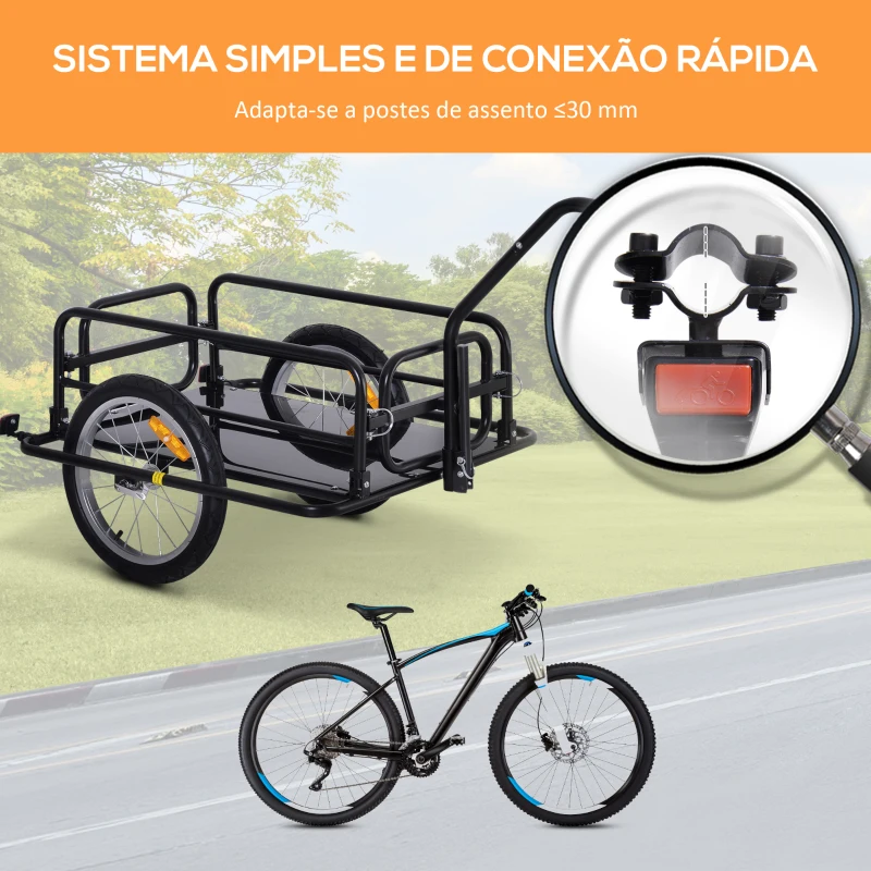 HOMCOM Reboque de Carga para Bicicleta Carrinho Dobrável para Bicicleta com 2 Rodas Refletores Carga 40 kg 155x71,5x77 cm Preto