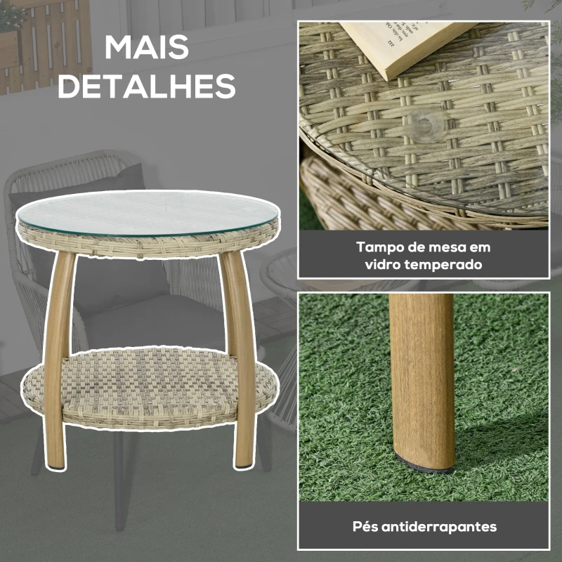 Outsunny Conjunto de Cadeiras e Mesa em Vime com Estrutura de Alumínio Inclui 2 Cadeiras 1 Mesa de Vidro Temperado Natural e Marróm