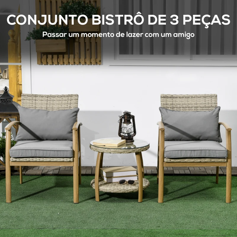 Outsunny Conjunto de Cadeiras e Mesa em Vime com Estrutura de Alumínio Inclui 2 Cadeiras 1 Mesa de Vidro Temperado Natural e Marróm