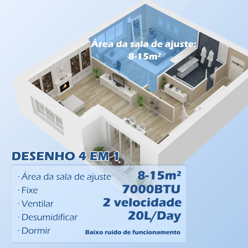 HOMCOM Ar Condicionado Portátil 7000 BTU 760 W com Ecrã LED para 8-15 m² 30x34x69,4 cm Branco