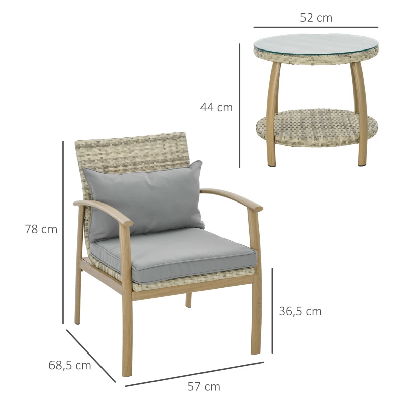 Outsunny Conjunto de Cadeiras e Mesa em Vime com Estrutura de Alumínio Inclui 2 Cadeiras 1 Mesa de Vidro Temperado Natural e Marróm