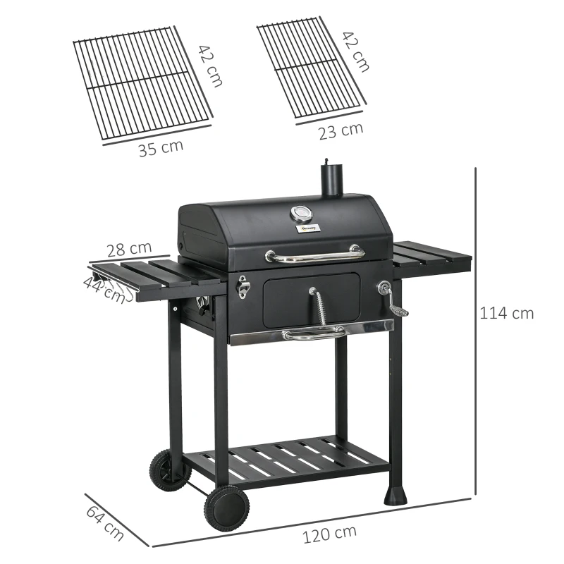 Outsunny Barbecue au charbon de bois bac à charbon réglable, couvercle, thermomètre, tablettes, à roulettes, en acier inoxydable