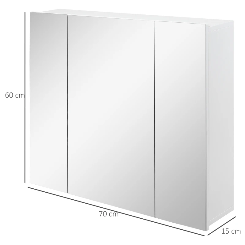 kleankin Armário de Casa de Banho com 3 Portas com Espelho Armário de Parede com Prateleiras Internas Ajustáveis 70x15x60 cm Branco