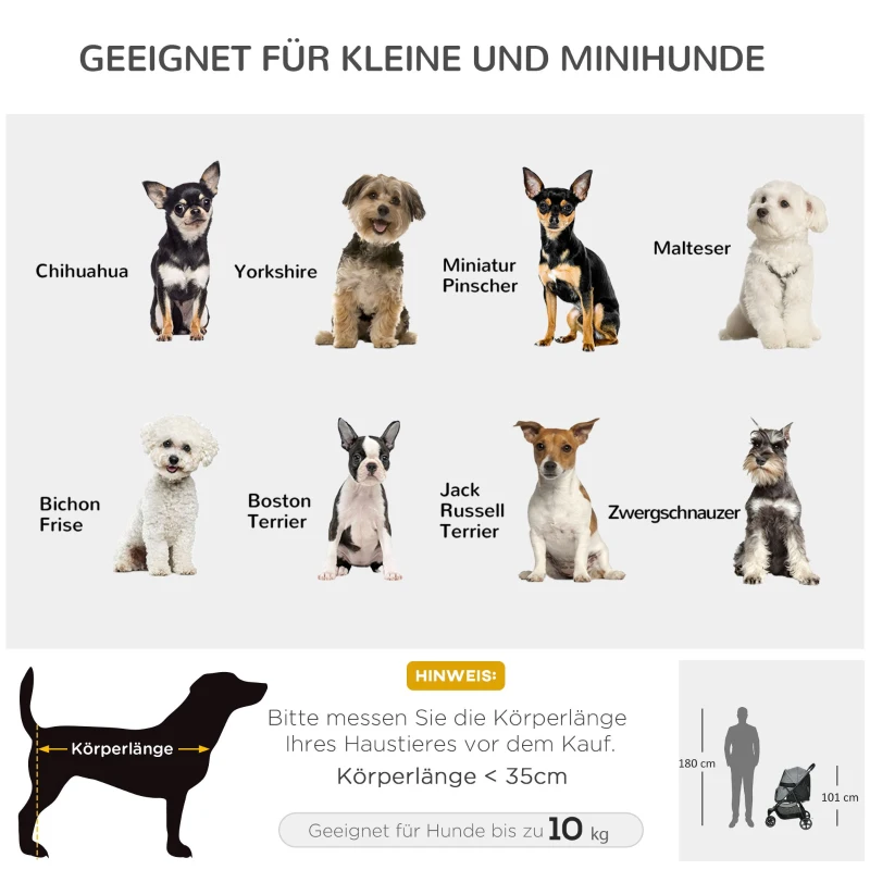 PawHut Hondenbuggy Huisdierkar, inklapbaar, regenbescherming, 2 veiligheidslijnen, 83cm x 55cm x 101cm, Grijs + Zwart