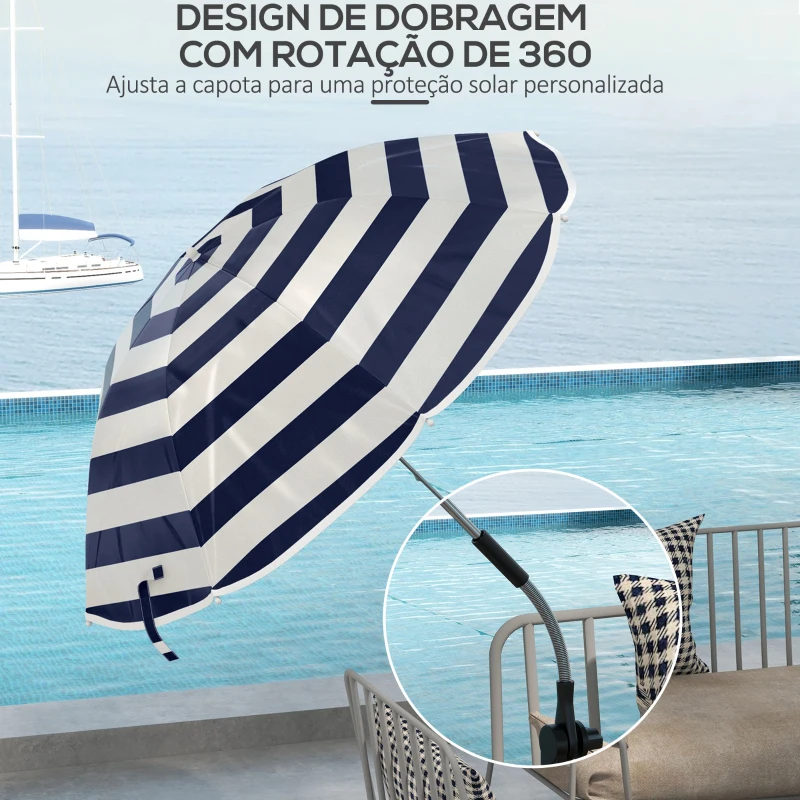 Outsunny Chapéu de Sol de Praia para Cadeira Ø103x97,5 cm com Braçadeira Teto Ajustável Abertura Manual e Anti-UV Azul e Branco