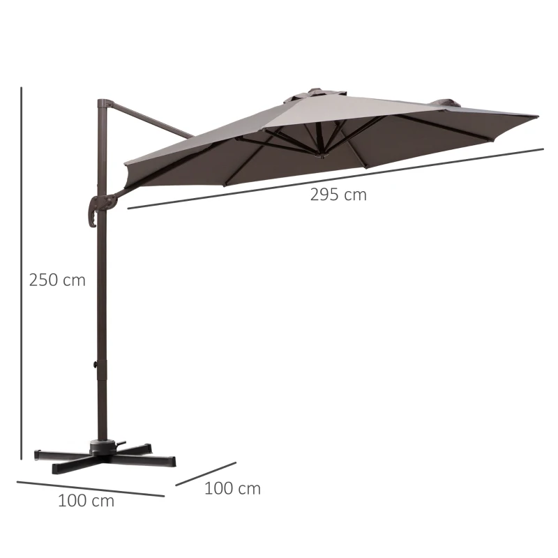 Outsunny 3m Cantilever Parasol, Rotates 360 Degrees, Hanging Parasol w/Hand Crank Aluminium Frame, Cross Base Included, Grey