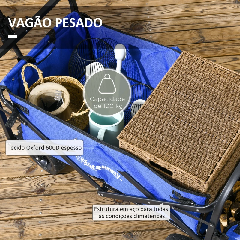 Outsunny Carrinho de Transporte Dobrável para Jardim com Guiador Telescópico Capacidade 100 kg 99x57x77-100 cm Azul Escuro