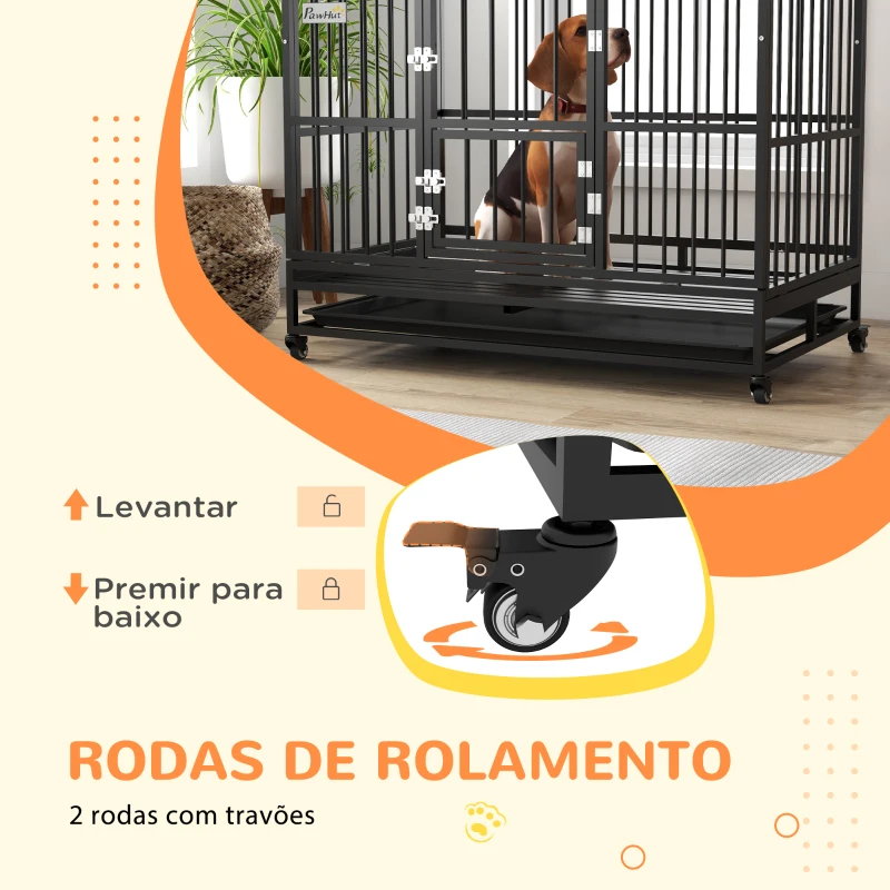 PawHut Gaiola para Cães Grandes 123x74x125 cm Canil Metálico com Rodas Bandeja Removível Trancas e Estrutura de Aço Preto