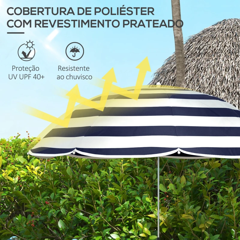 Outsunny Chapéu de Sol de Praia para Cadeira Ø103x97,5 cm com Braçadeira Teto Ajustável Abertura Manual e Anti-UV Azul e Branco