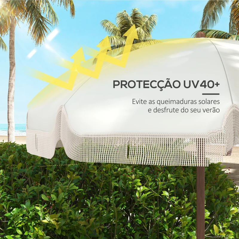 Outsunny Chapéu de Sol de Praia Ø190x210 cm com 8 Varas Abertura Manual Anti-UV Impermeável e Bolsa de Transporte para Jardim Creme