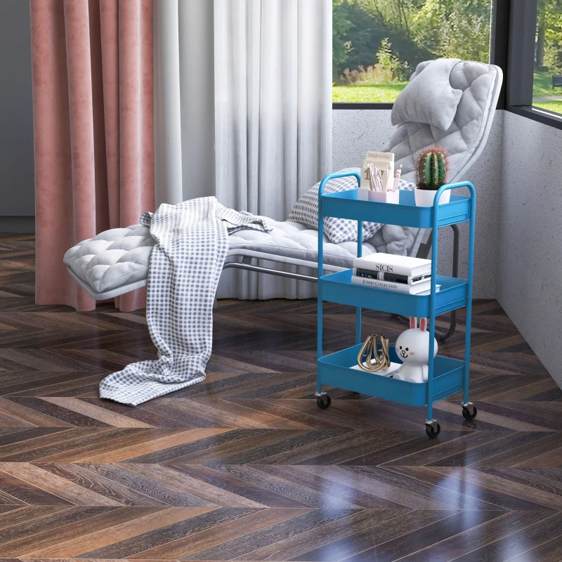 HOMCOM Carrinho Auxiliar de 3 Níveis com Rodas Carrinho de Armazenamento Deslizante para Cozinha Sala 45x30.6x79 cm Azul Escuro