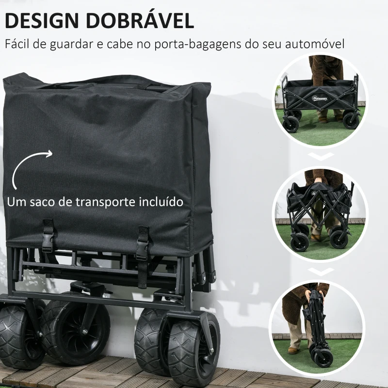 Outsunny Carrinho de Transporte Dobrável com Bolsa Térmica Removível Capacidade 100 kg para Campismo Praia 113x57x77-100 cm Preto