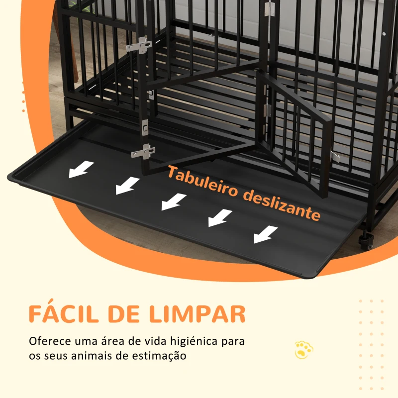 PawHut Gaiola para Cães Grandes 123x74x125 cm Canil Metálico com Rodas Bandeja Removível Trancas e Estrutura de Aço Preto