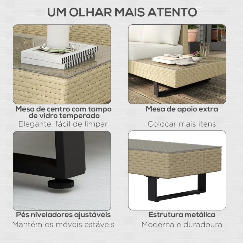 Outsunny Conjunto de Móveis de Vime 3 Peças Mesa de Centro Sofá Duplo e Sofá de 3 Lugares para Terraço Jardim Pátio Bege