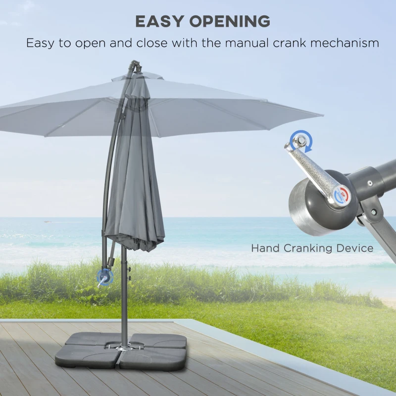 Outsunny 3m Cantilever Parasol, Hanging Parasol, with Crank Handle, Cross Base, Cover, Weights,  Dark Grey