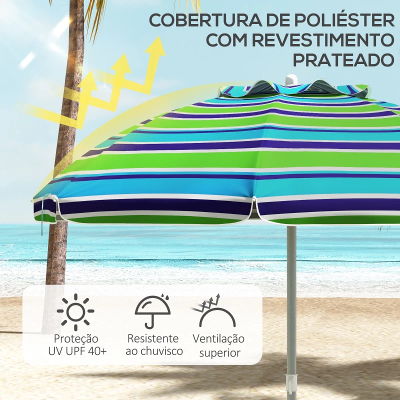 Outsunny Chapéu de Sol de Praia Ø178x205 cm com Inclinação de 45° e Altura Ajustável Abertura Manual Anti-UV Impermeável Multicolor