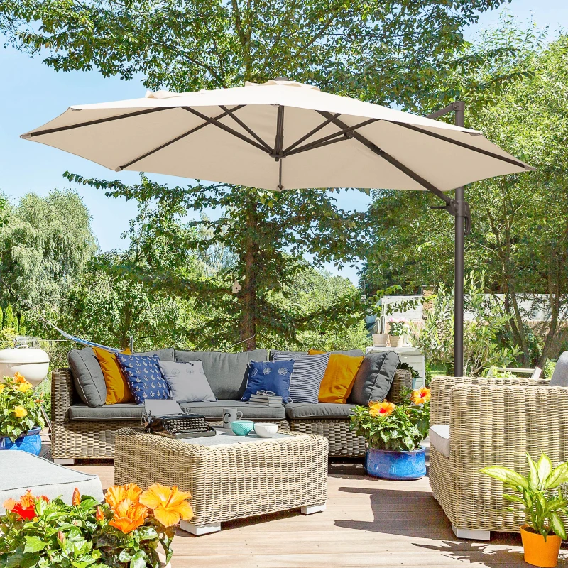 Outsunny 3M Roma Umbrella Sun Shade Cantilever Hanging Parasol w/ Cross Base Hand Crank Aluminium Frame 360° Rotation - Beige