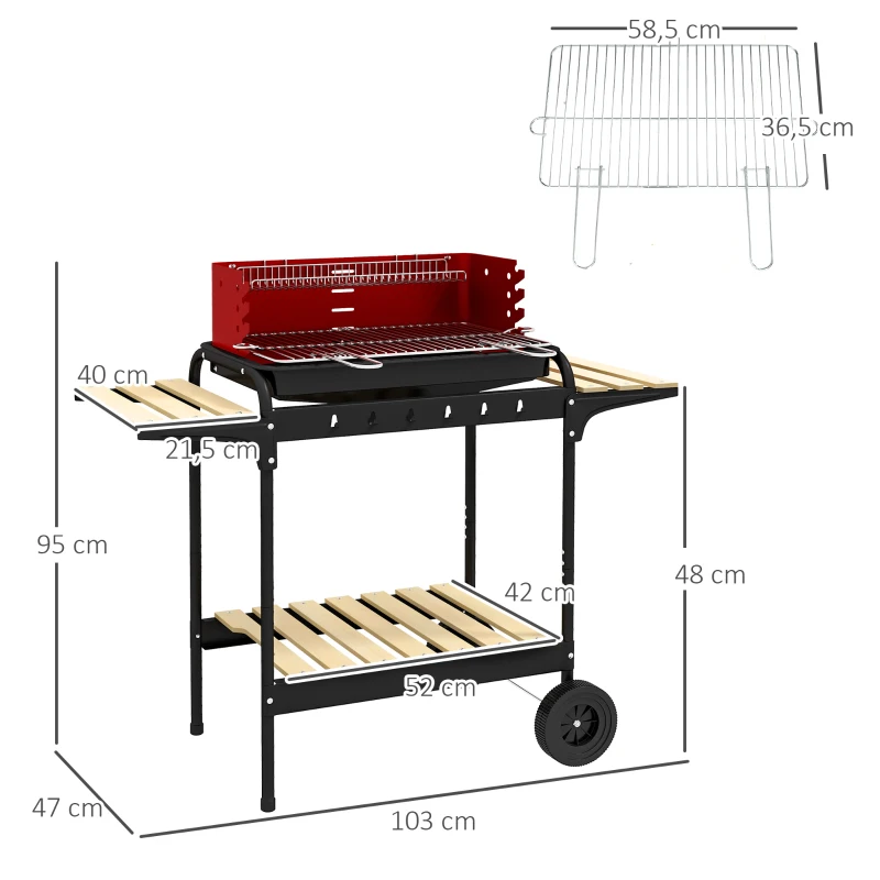 Outsunny Barbecue a Carvão com Rodas Portátil com Grelha Ajustável em Altura para Piquenique Campismo 103x47x95 cm Vermelho e Preto