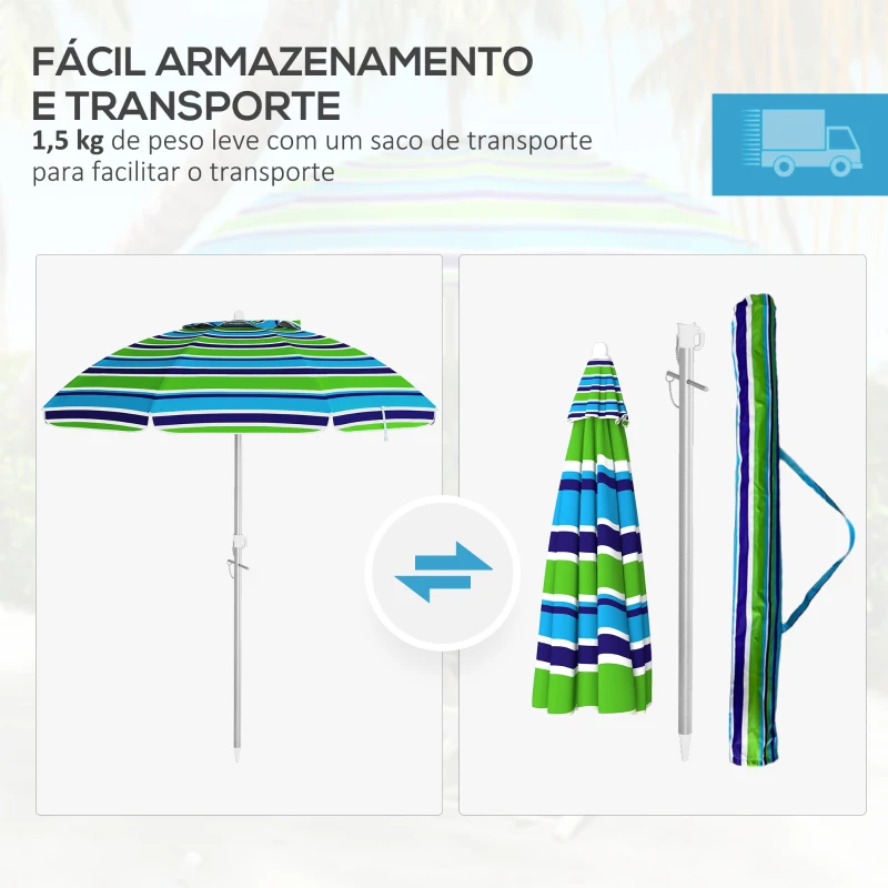 Outsunny Chapéu de Sol de Praia Ø178x205 cm com Inclinação de 45° e Altura Ajustável Abertura Manual Anti-UV Impermeável Multicolor