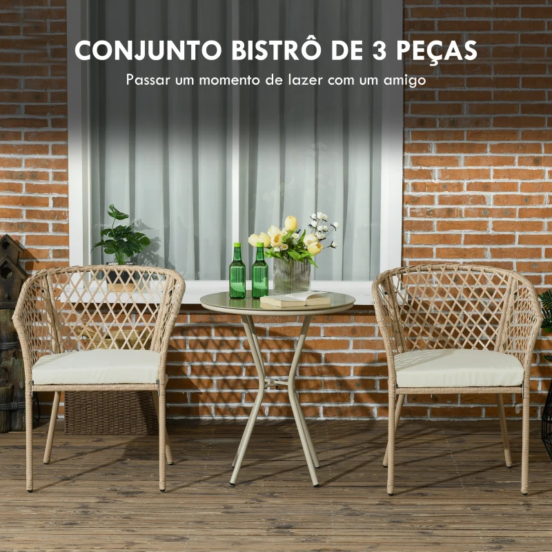 Outsunny Conjunto 3 Peças de Jardim em Vime com 2 Poltronas e 1 Mesa de Centro Redonda com Tampo de Vidro Temperado Natural e Caqui