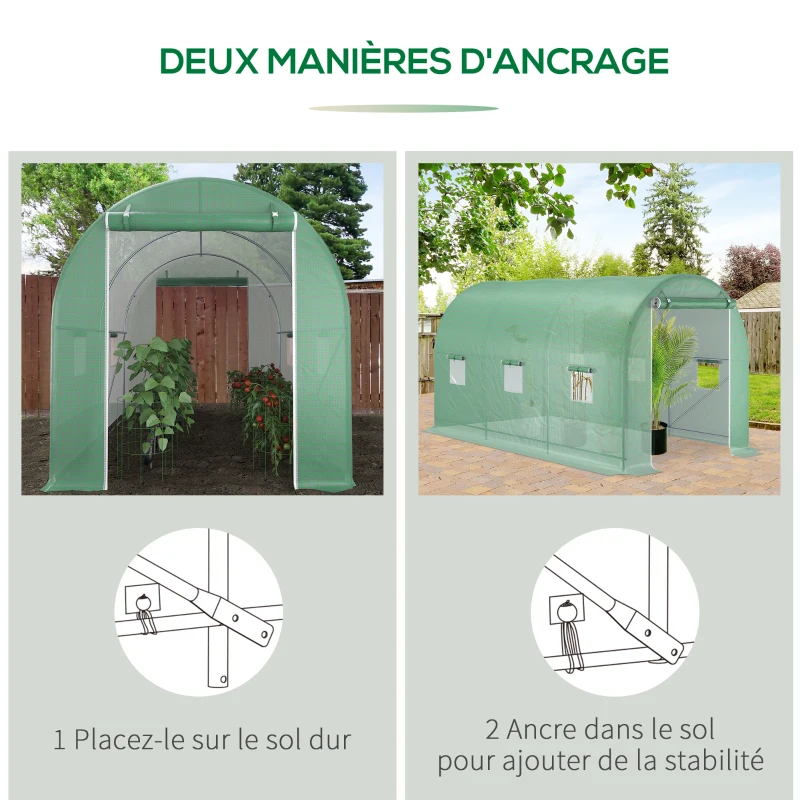 Outsunny Serre de Jardin Tunnel Surface Sol 8 m² 4L x 2l x 2,05H m châssis Tubulaire renforcé Porte zippée 6 fenêtres enroulables Vert