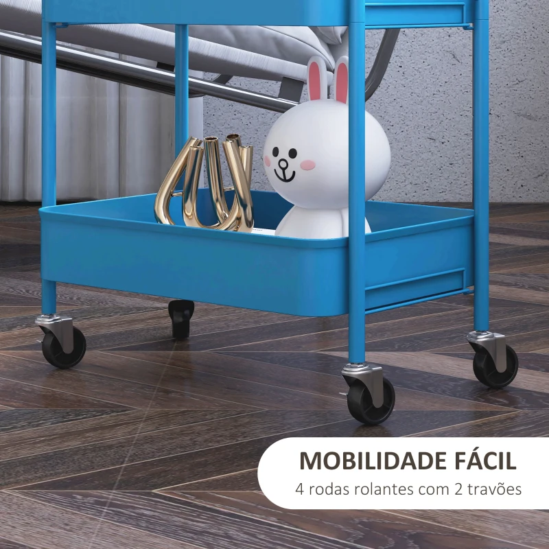 HOMCOM Carrinho Auxiliar de 3 Níveis com Rodas Carrinho de Armazenamento Deslizante para Cozinha Sala 45x30.6x79 cm Azul Escuro
