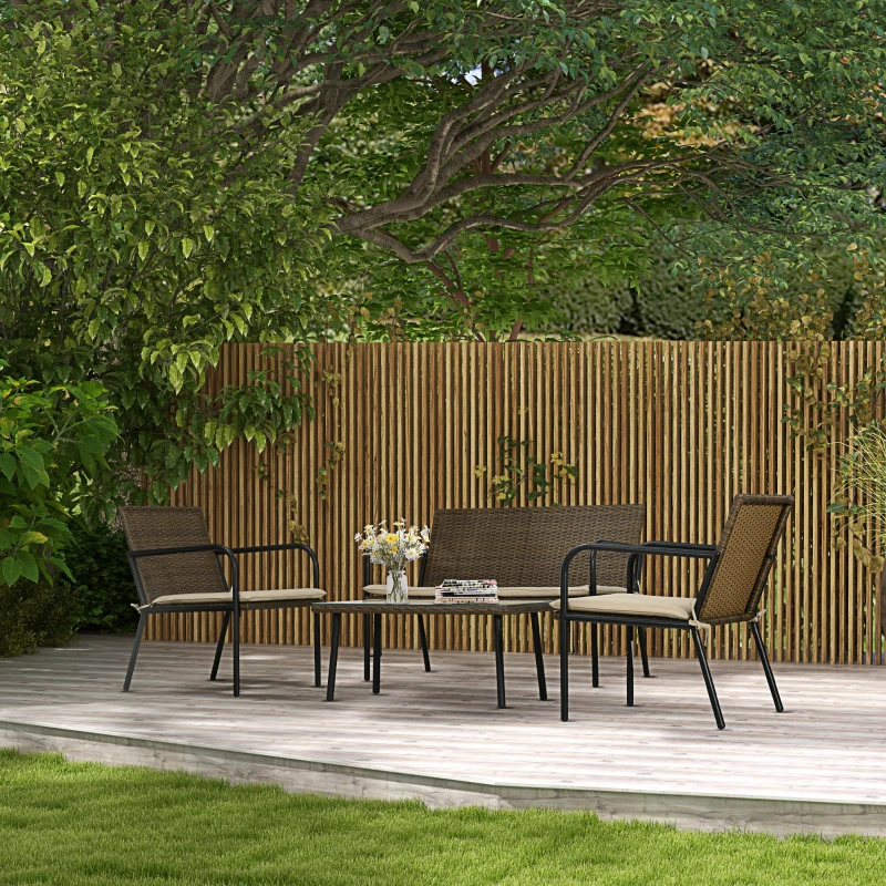 Outsunny Conjunto de Jardim de 4 Peças em Vime Sintético com 2 Poltronas 1 Sofá de 2 Lugares e 1 Mesa de Vidro Temperado Multicolor