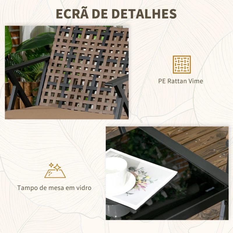 Outsunny Conjunto de Jardim de 4 Peças em Vime Sintético com 2 Poltronas 1 Sofá de 2 Lugares e 1 Mesa de Vidro Marrom e Preto