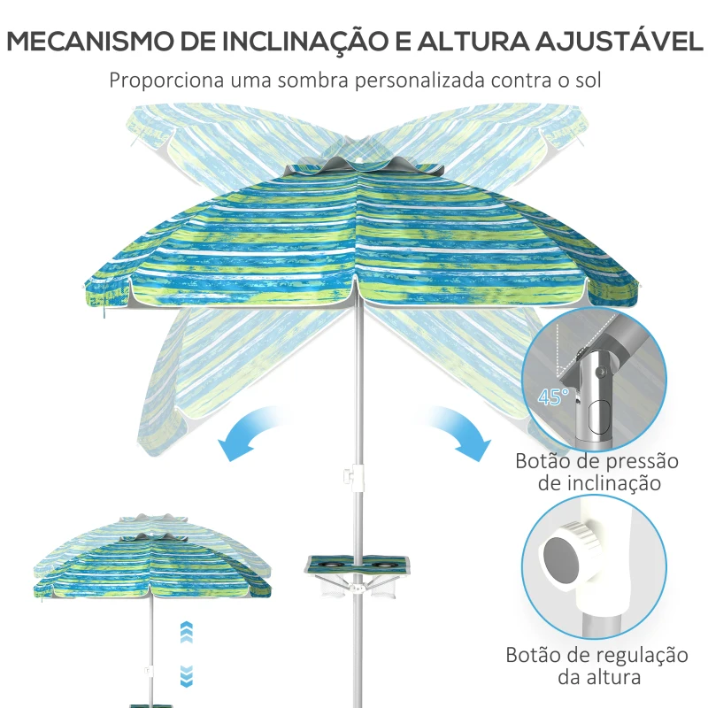 Outsunny Chapéu de Sol de Praia Ø190x215 cm com Inclinação de 45° e Altura Ajustável Mesa com Porta-Copos Impermeável Multicolor