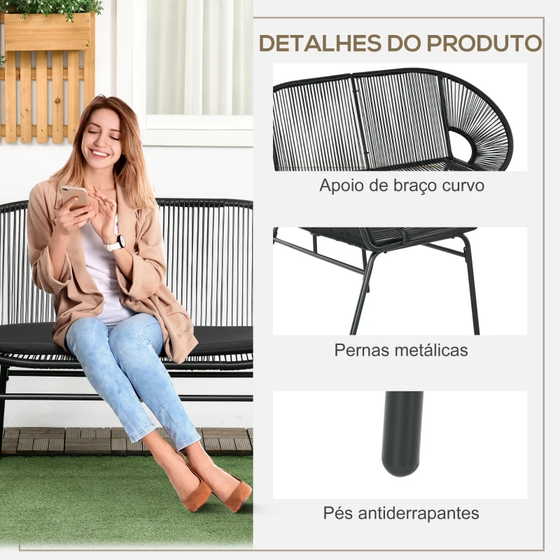 Outsunny Sofá Acapulco de 2 Lugares com Apoios de Braço Almofada e Estrutura de Aço para Jardim Terraço Pátio 132x72x83 cm Preto