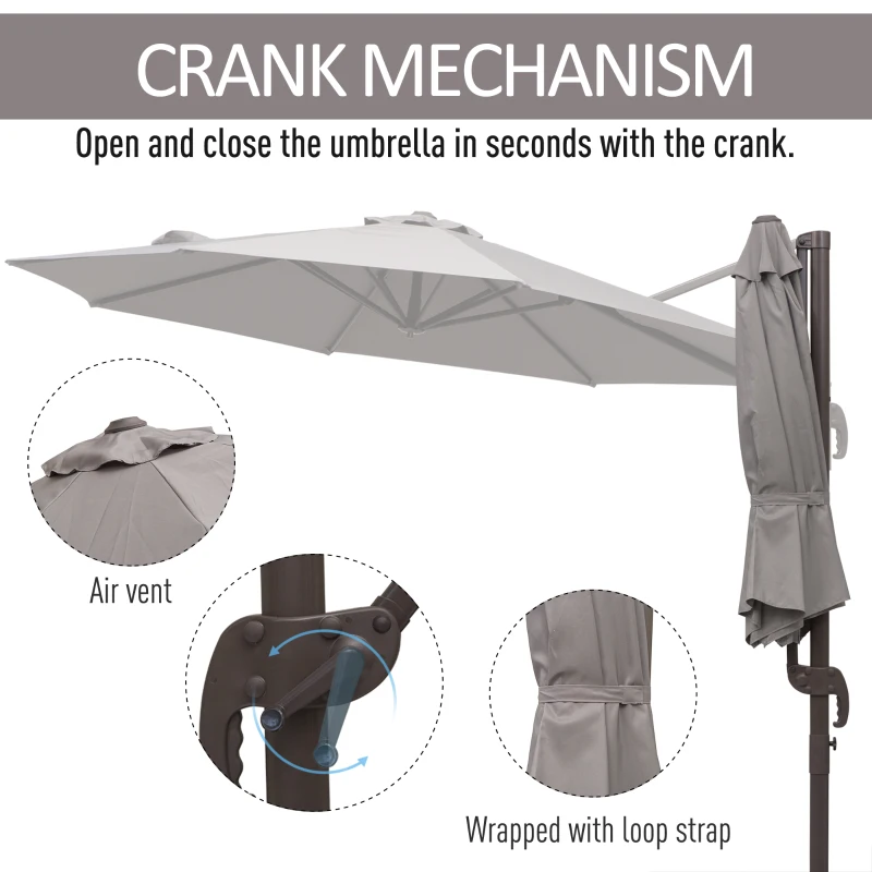 Outsunny 3m Cantilever Parasol, Rotates 360 Degrees, Hanging Parasol w/Hand Crank Aluminium Frame, Cross Base Included, Grey