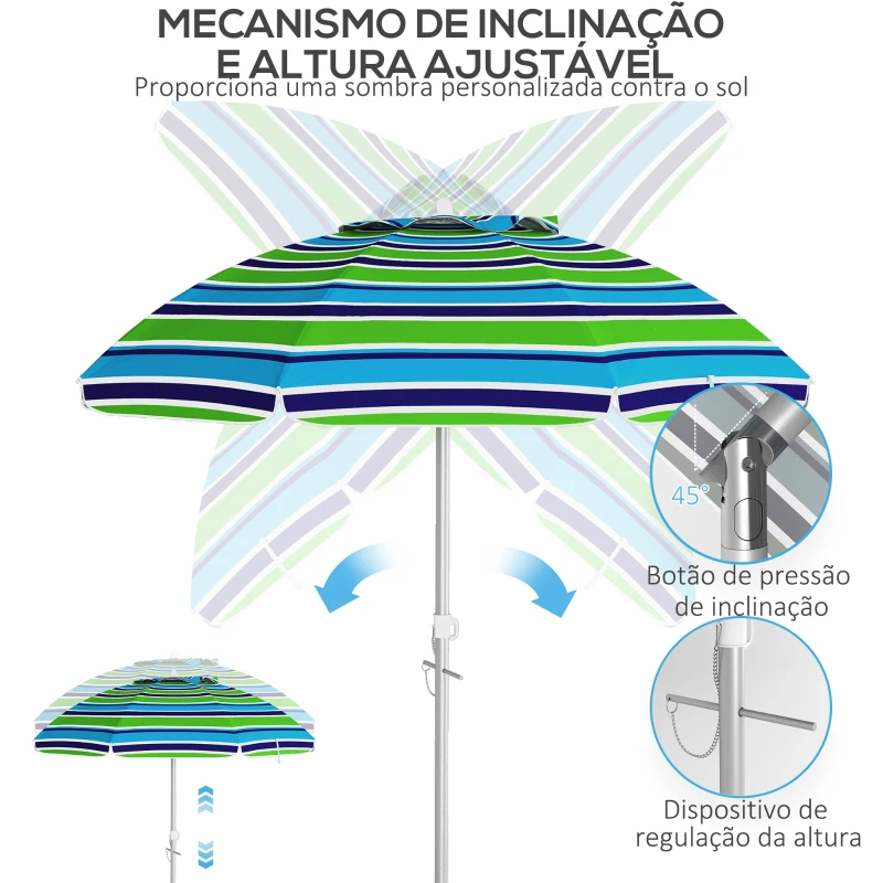 Outsunny Chapéu de Sol de Praia Ø178x205 cm com Inclinação de 45° e Altura Ajustável Abertura Manual Anti-UV Impermeável Multicolor