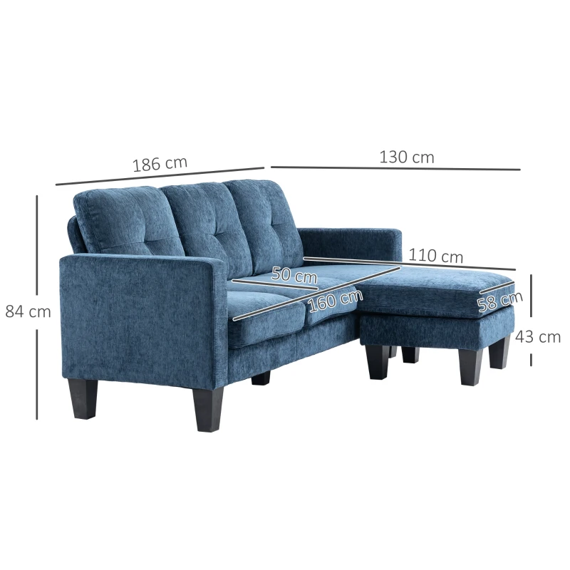 HOMCOM Sofá Chaise Longue Sofá em Forma de L Estofado em Poliéster Sofá de Canto Reversível 186x130x84 cm  Azul