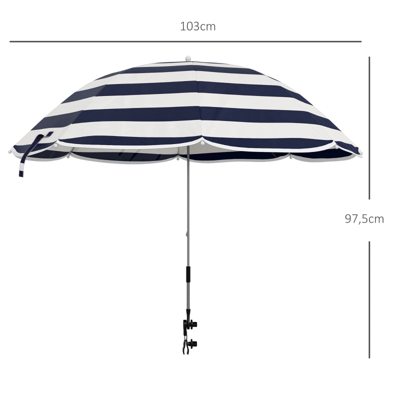 Outsunny Chapéu de Sol de Praia para Cadeira Ø103x97,5 cm com Braçadeira Teto Ajustável Abertura Manual e Anti-UV Azul e Branco