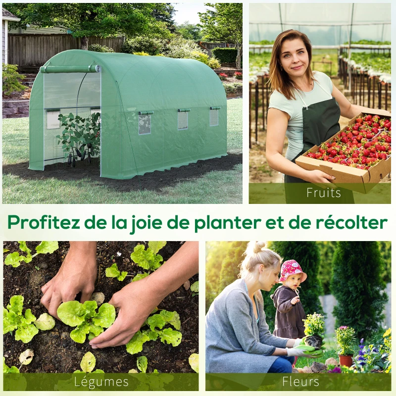 Outsunny Serre de Jardin Tunnel Surface Sol 8 m² 4L x 2l x 2,05H m châssis Tubulaire renforcé Porte zippée 6 fenêtres enroulables Vert