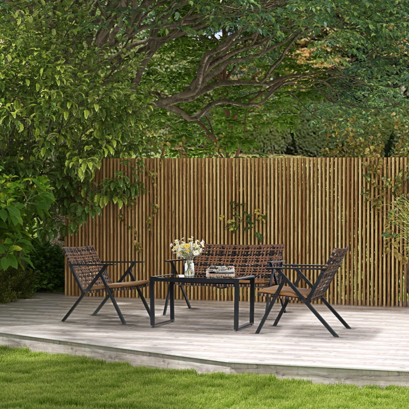 Outsunny Conjunto de Jardim de 4 Peças em Vime Sintético com 2 Poltronas 1 Sofá de 2 Lugares e 1 Mesa de Vidro Marrom e Preto
