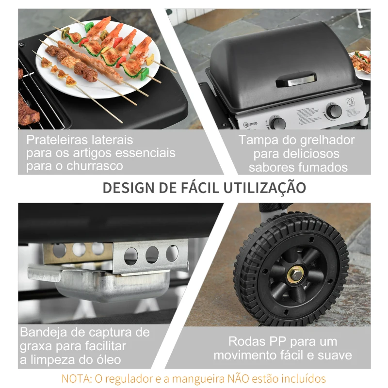 Outsunny Barbecue a Gás com 2 Queimadores 2,8 KW 2 Rodas 2 Mesas Laterais e Grelhas de Aço para Piquenique Campismo 104x49x99 cm Preto
