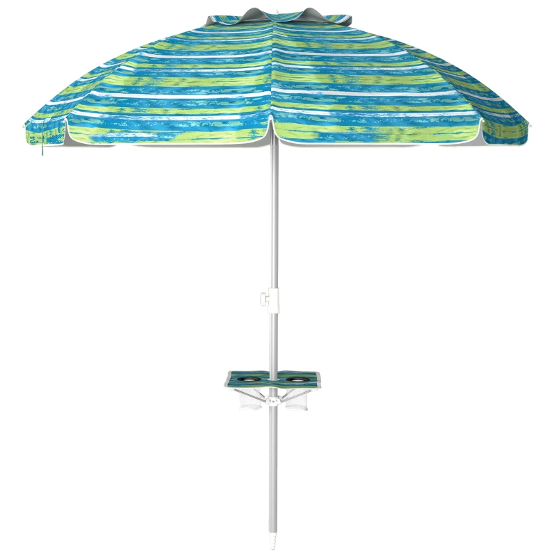 Outsunny Chapéu de Sol de Praia Ø190x215 cm com Inclinação de 45° e Altura Ajustável Mesa com Porta-Copos Impermeável Multicolor