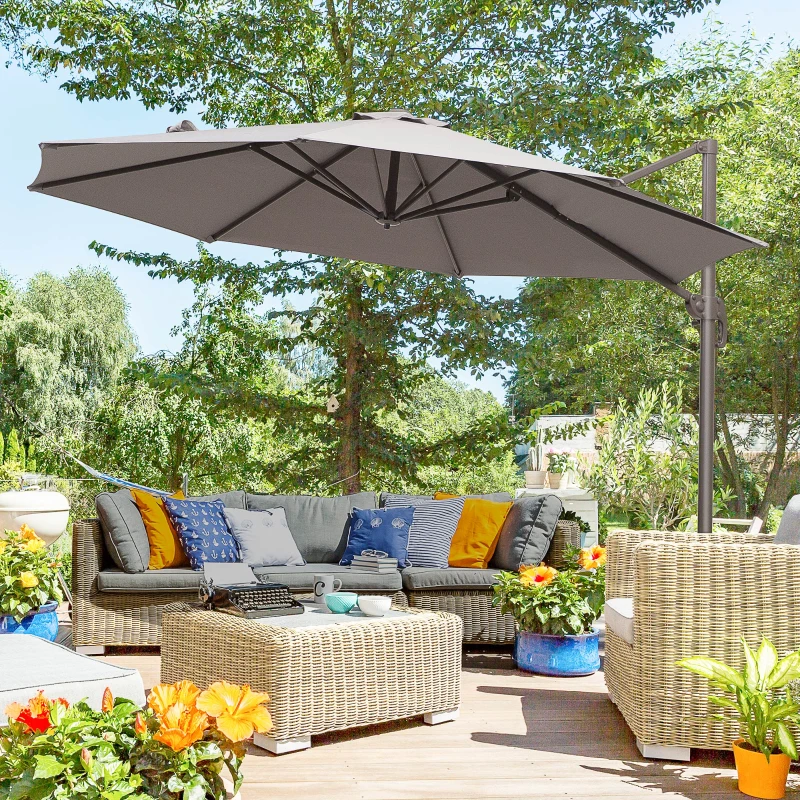 Outsunny 3m Cantilever Parasol, Rotates 360 Degrees, Hanging Parasol w/Hand Crank Aluminium Frame, Cross Base Included, Grey