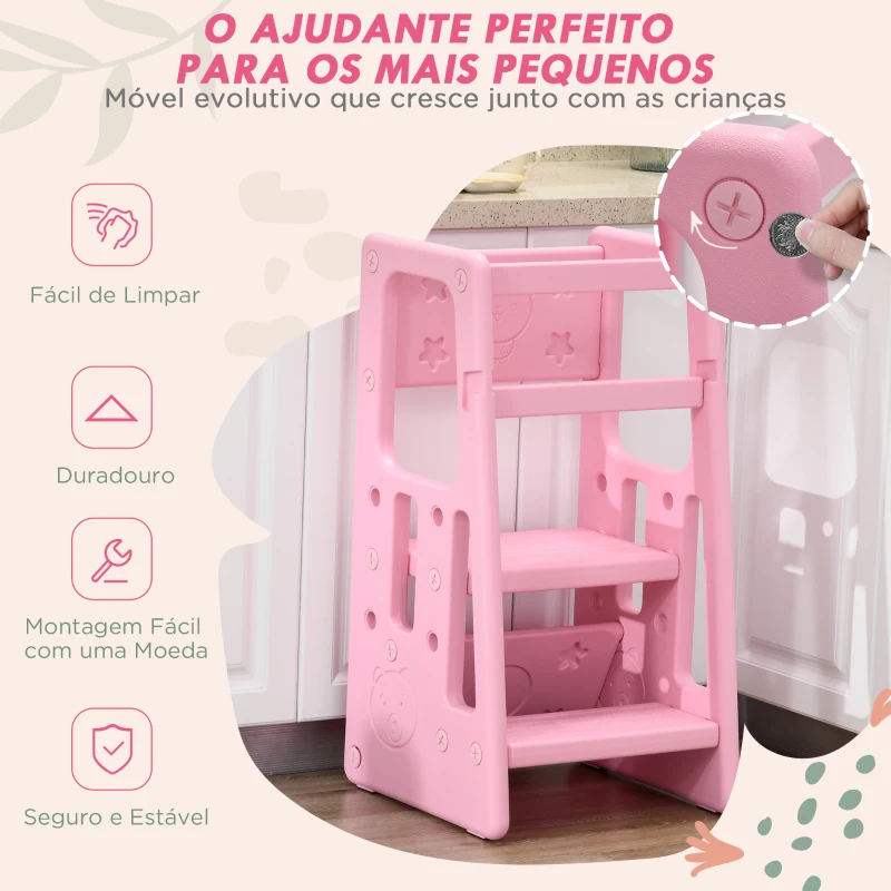 HOMCOM Torre de Aprendizagem para Crianças Banco Infantil com Altura Ajustável para Cozinha Sala de Jantar 47x47x90cm Rosa