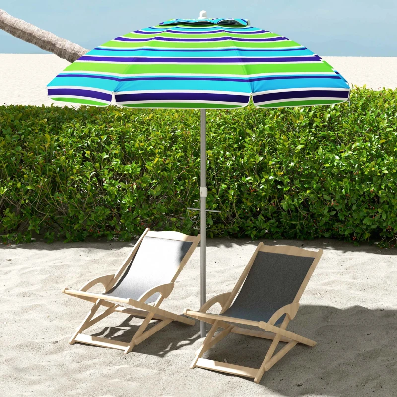 Outsunny Chapéu de Sol de Praia Ø178x205 cm com Inclinação de 45° e Altura Ajustável Abertura Manual Anti-UV Impermeável Multicolor