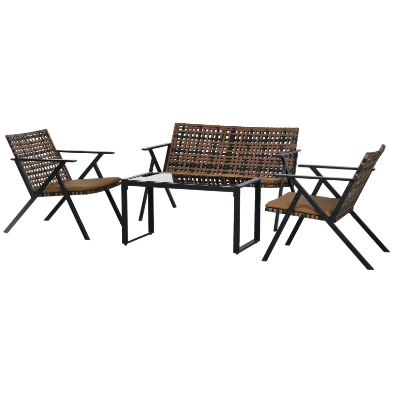 Outsunny Conjunto de Jardim de 4 Peças em Vime Sintético com 2 Poltronas 1 Sofá de 2 Lugares e 1 Mesa de Vidro Marrom e Preto