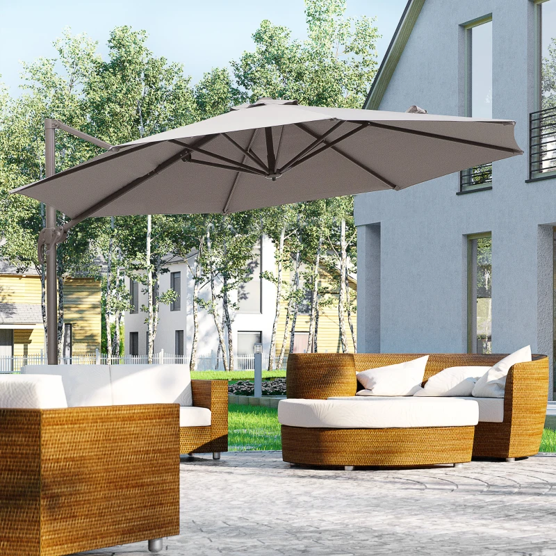 Outsunny 3m Cantilever Parasol, Rotates 360 Degrees, Hanging Parasol w/Hand Crank Aluminium Frame, Cross Base Included, Grey