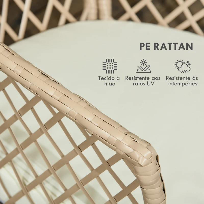 Outsunny Conjunto 3 Peças de Jardim em Vime com 2 Poltronas e 1 Mesa de Centro Redonda com Tampo de Vidro Temperado Natural e Caqui